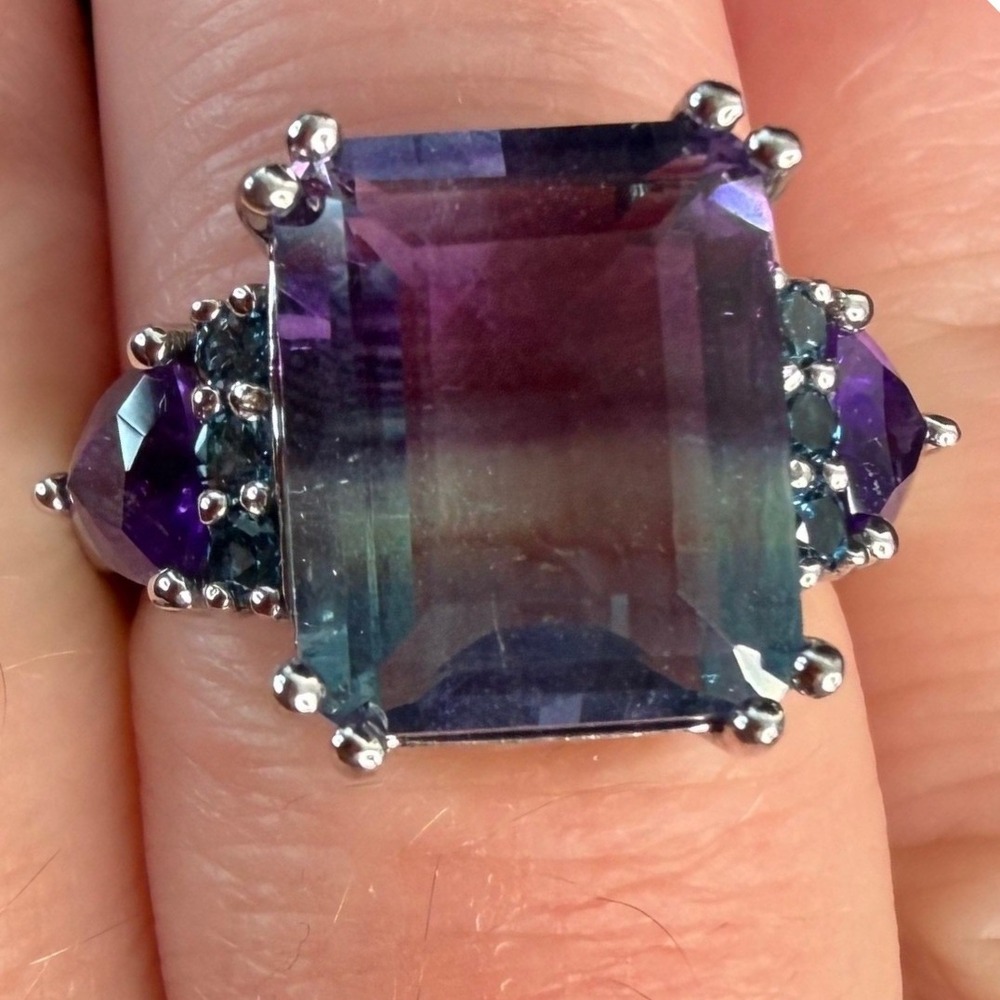 Emerald Cut Fluorite Amethyst Sterling Silver Ring - BBJ Size 6